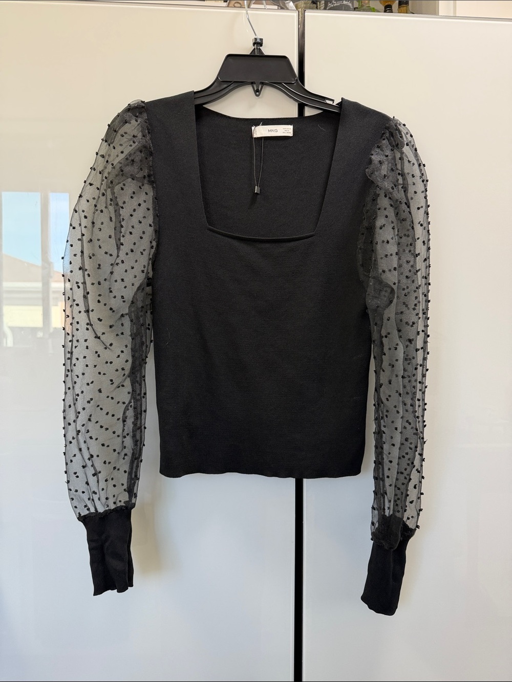 Mango Black Square Neck Top with Sheer Dot Puff Sleeves